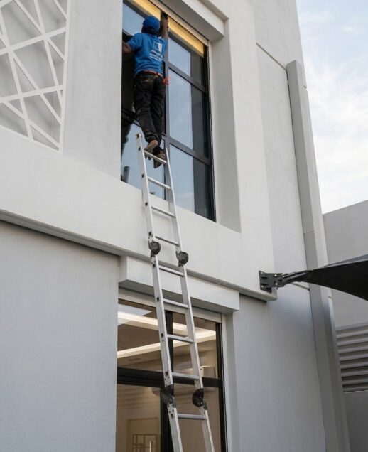 عمال مؤسسة كم النظافة أثناء تلميع واجهات زجاجية بالرياض